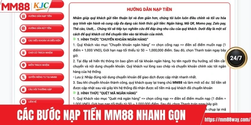 Các bước nạp tiền MM88 nhanh gọn